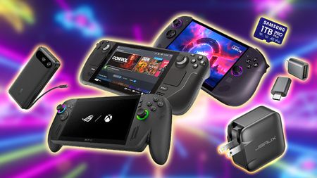 Xbox Ally X, Steam Deck, and Legion Go S surrounded by accessories.