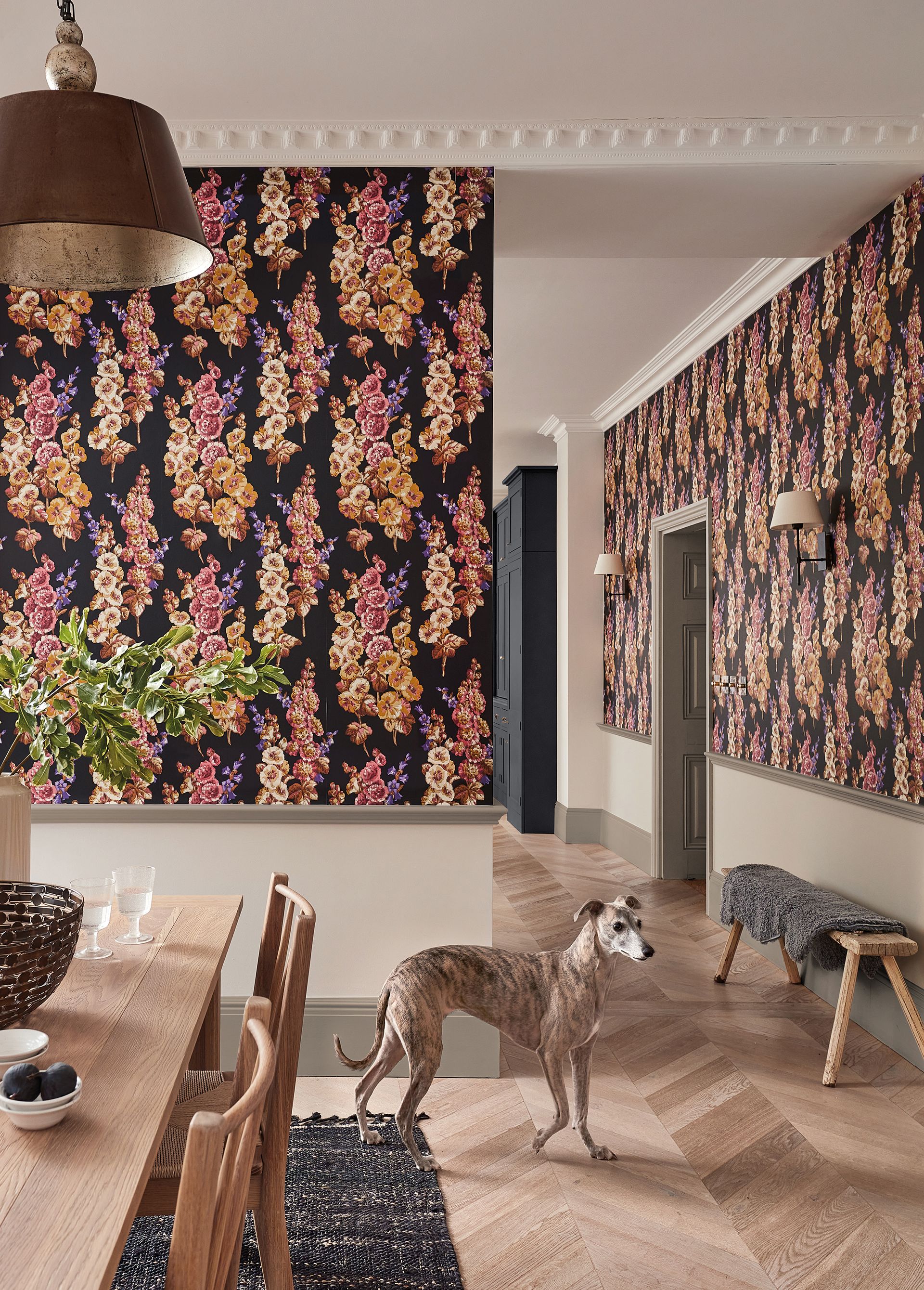 Hollyhocks Copper/Rhodera wallpaper by Sanderson