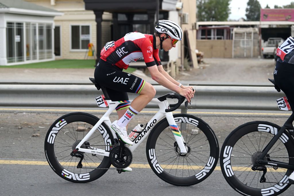 QIDFA UNITED ARAB EMIRATES FEBRUARY 20 Tadej Pogacar of Slovenia and UAE Team Emirates Red Leader Jersey competes during the 7th UAE Tour 2025 Stage 4 a 181km stage from Fujairah Qidfa Beach to Umm al Quwain UCIWWT on February 20 2025 in Fujairah Qidfa Beach United Arab Emirates Photo by Dario BelingheriGetty Images