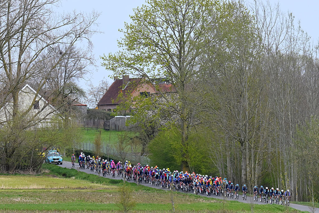 HARELBEKE, BELGIUM - MARCH 27: A general view of the peloton competing during the 68th E3 Saxo Classic 2026 a 208.5km one day race from Harelbeke to Harelbek / #UCIWT / on March 27, 2026 in Harelbeke, Belgium. (Photo by Tim de Waele/Getty Images)