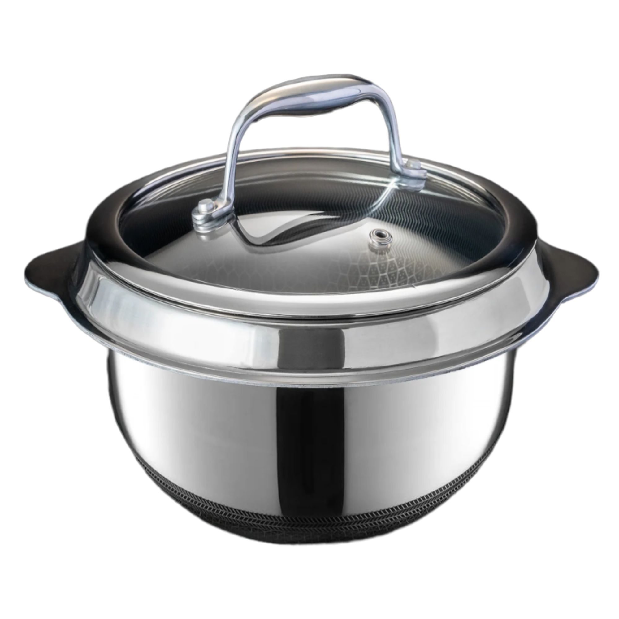 A stainless steel round bowl-shaped cook pot with a glass lid and two carry handles.