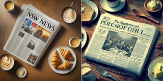 AI generated image comparison showing complex word recreation. Left image created by Imagen 2 shows a photorealistic scene of a newspaper at a breakfast table. The newspaper has the title of 'NSW News' though the remaining text and images are muddled and incomprehensible. The image on the right, generated by Dall.E 3, is more stylized, inky outlines, and has a cool blue tone. It's words are incomprehensible, but the lede image on the page seems to showcase Donald Trump, also at a breakfast table, surrounded by politicians.