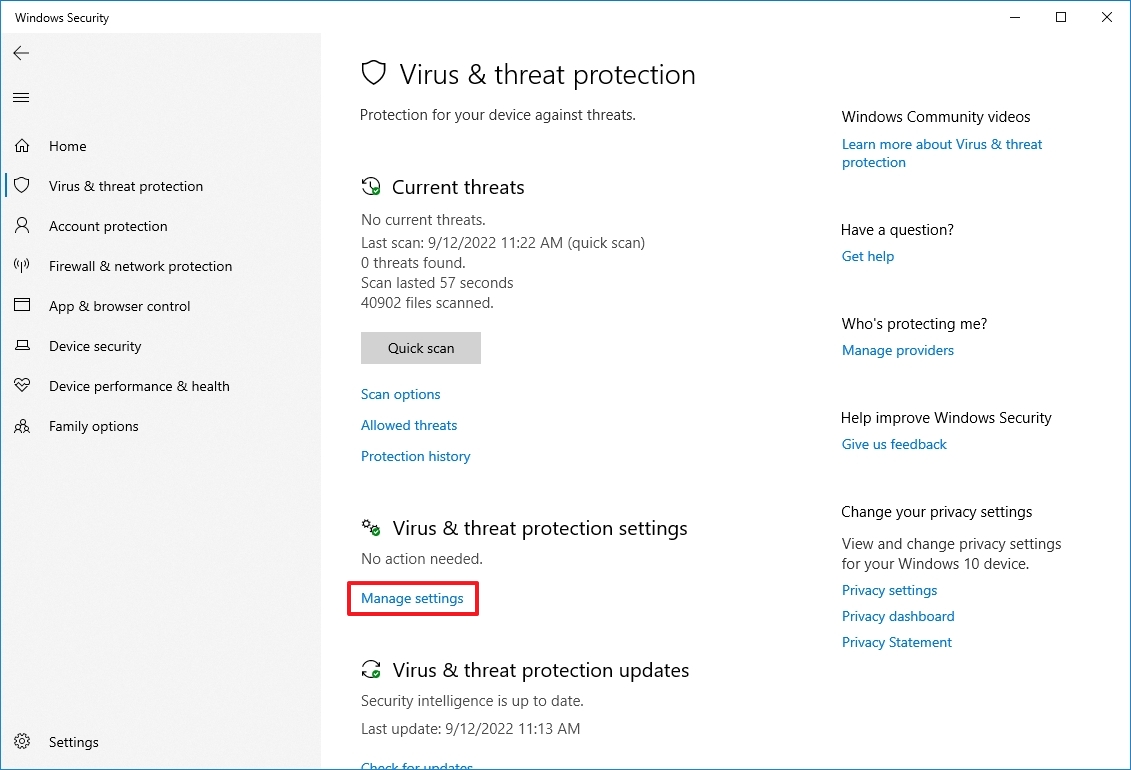 Microsoft Defender manage settings