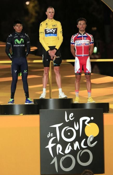 The final podium of the 2013 Tour de France - 2nd Nairo Quintana (Movistar), 1st Chris Froome (Sky), 3rd Joaquim Rodriguez (Katusha)