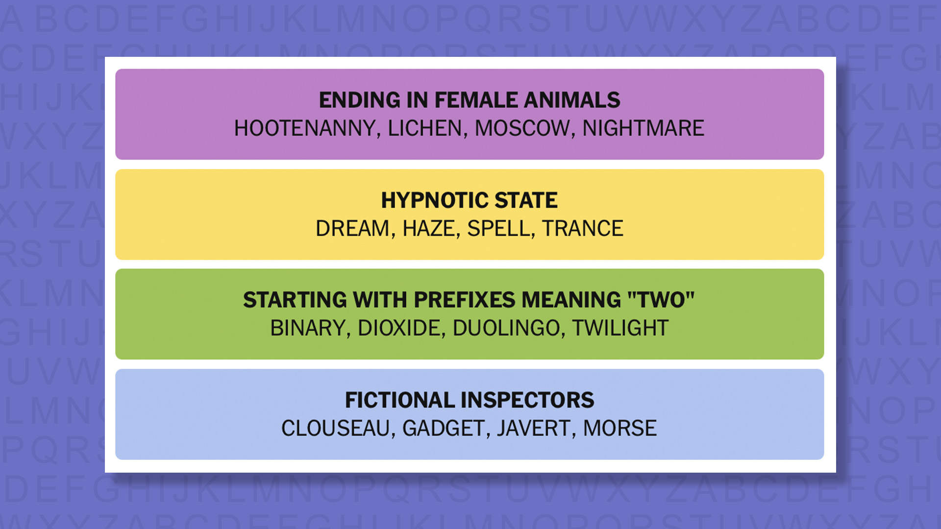 NYT Connections answers for game 1007 on a purple background