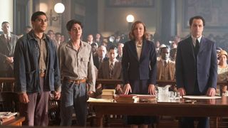 Mateo, Rafael, Della, and Perry stand in a court room in Perry Mason season 2