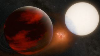 An artist's interpretation of a giant red exoplanet next to its home star with a small moon in between them