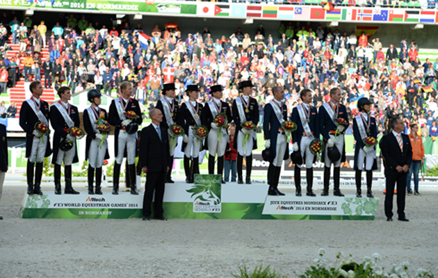 The British, German and Dutch teams on the podium at the 2014 World Dressage Championships, then part of the World Equestrian Games