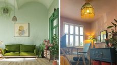 Painting ceiling collage mint green on left with arched shape on ceiling and terracotta clay on right with tasselled lamp shade