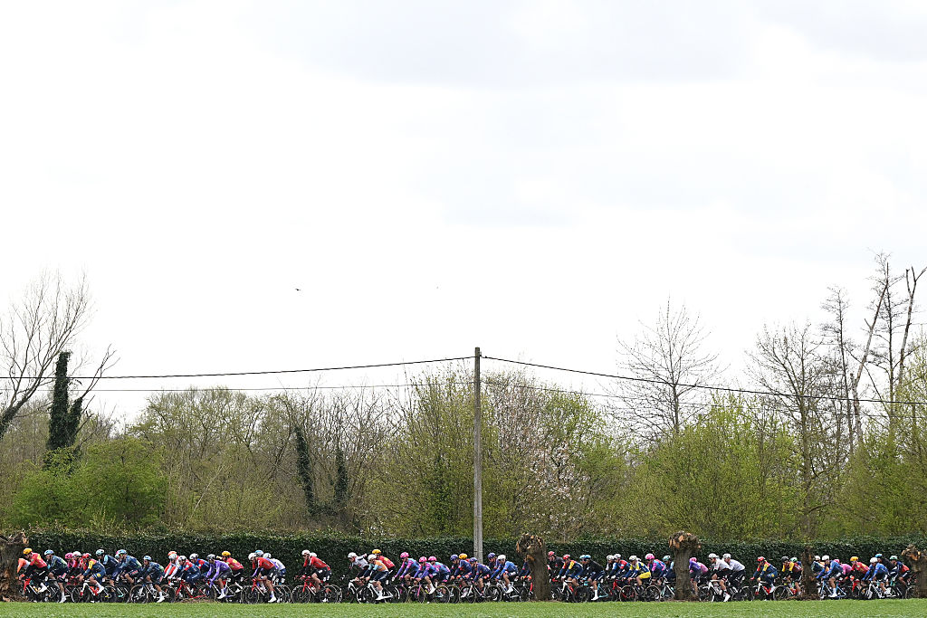 BRUGES, BELGIUM - MARCH 25: A general view of the peloton competing during the 50th Ronde Van Brugge - Tour of Bruges 2026 - Men&amp;apos;s Elite a 202.9km one day race from Bruges to Bruges / #UCIWT / on March 25, 2026 in Bruges, Belgium. (Photo by Luc Claessen/Getty Images)