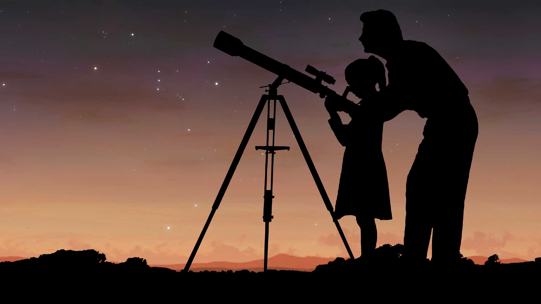 Man and little girl using telescope to look at sky