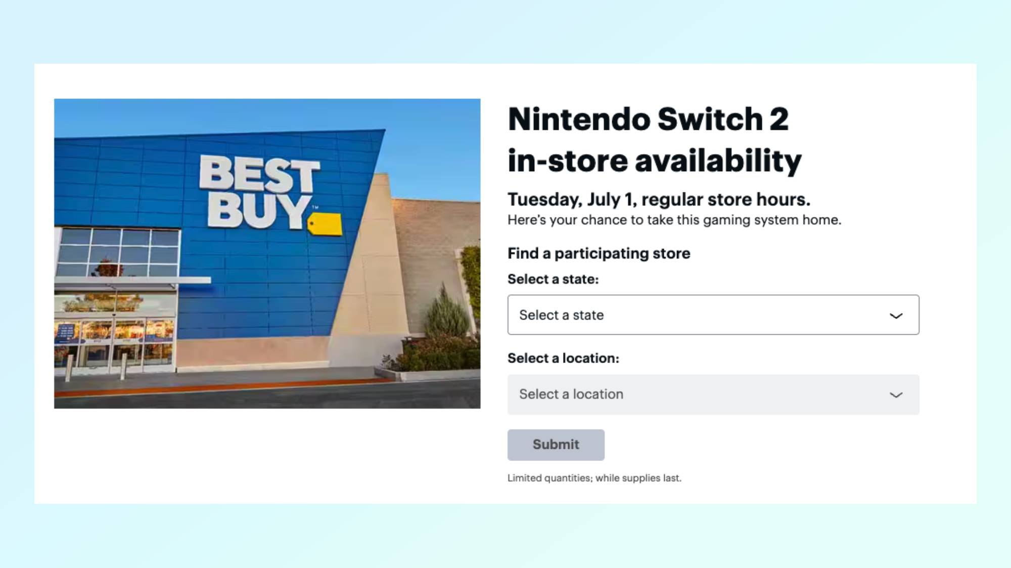 Best Buy landing page showing a Switch 2 restock on July 1
