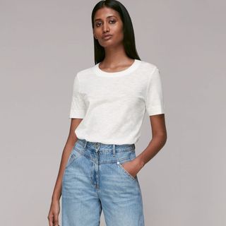 white t-shirt paired with jeans