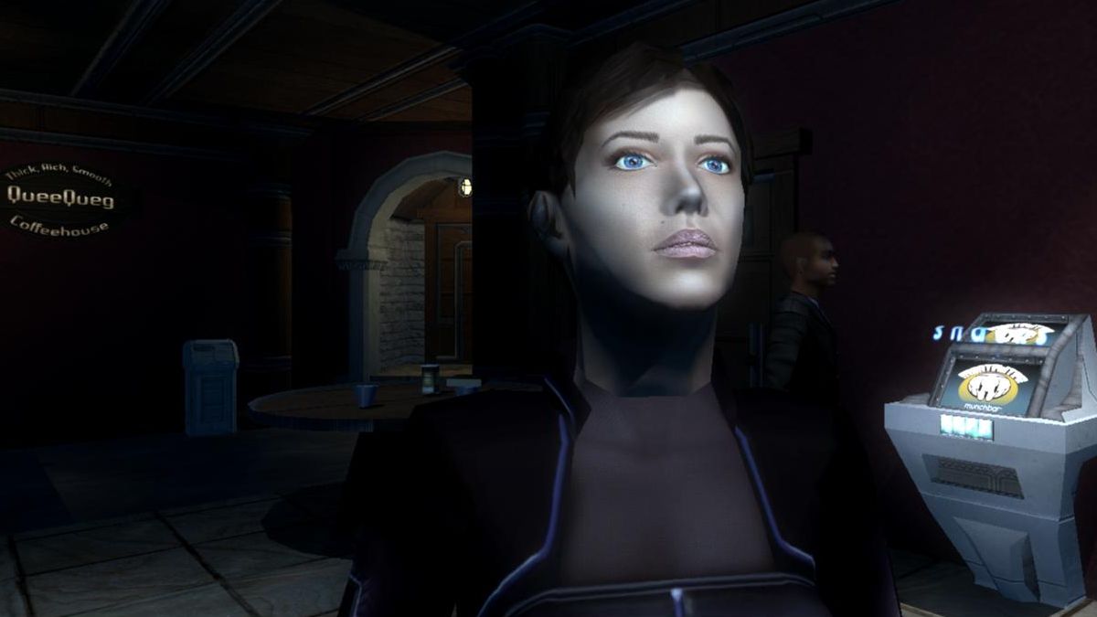Alex D, her face lit by a hologram, and improved by the Visible Upgrade mod