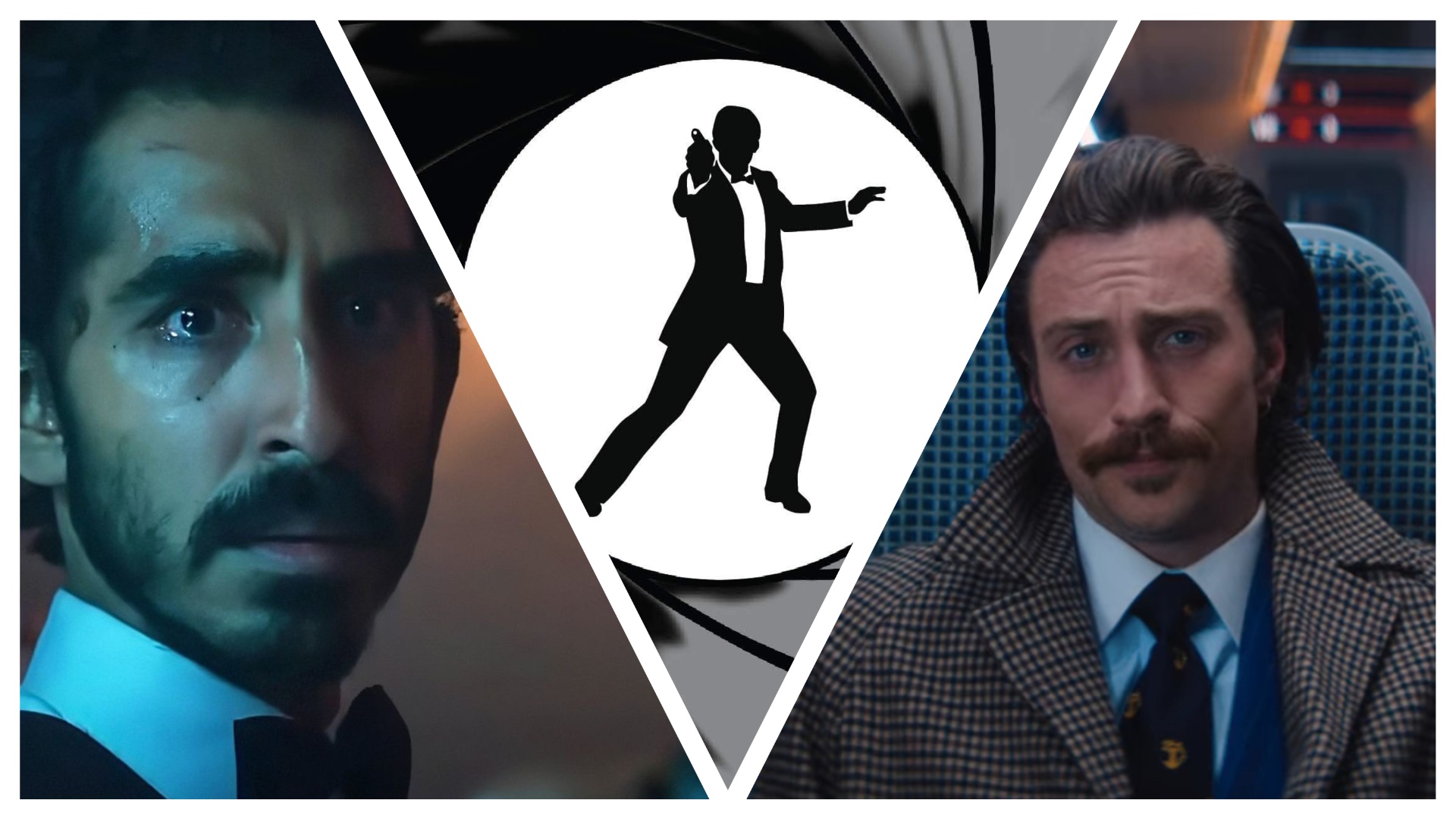 Three images sliced together from left to right: Dev Patel, James Bond and Aaron Taylor-Johnson