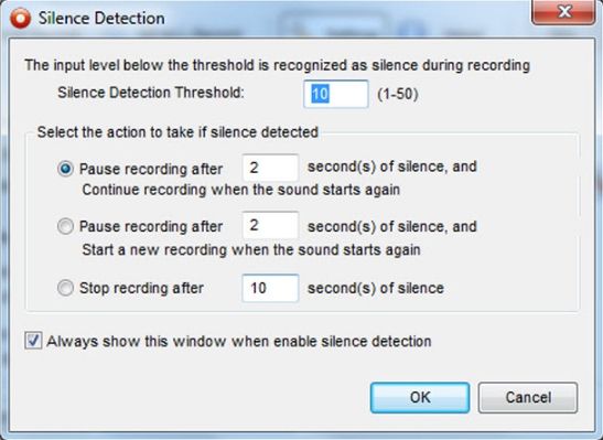 You can tell Audio Recorder Platinum to pause or stop recording if there are more than a few seconds of silence.