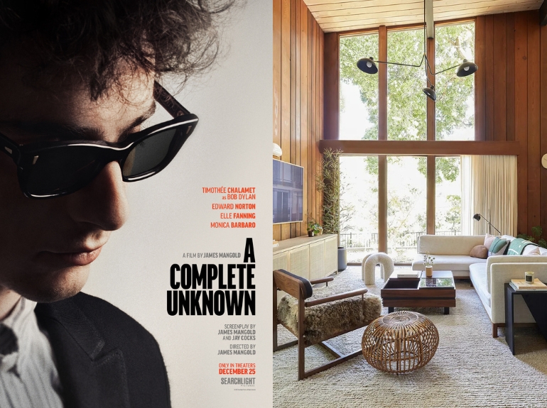 a complete unknown film poster and a retro living room with wood paneling