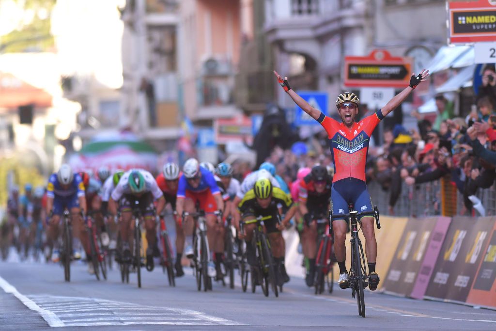 SANREMO, ITALY - MARCH 17: Arrival / Vincenzo Nibali of Italy and Team Bahrain-Merida / Celebration / Caleb Ewan of Australia and Team Mitchelton-Scott / during the 109th Milan-Sanremo 2018 a 291km race from Milan to Sanremo on March 17, 2018 in Sanremo, Italy. (Photo by Tim de Waele/Getty Images)