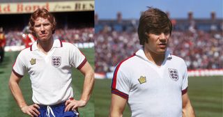 Alan Ball and Malcolm Macdonald lining up for England in 1974 wearing white Admiral home shirts