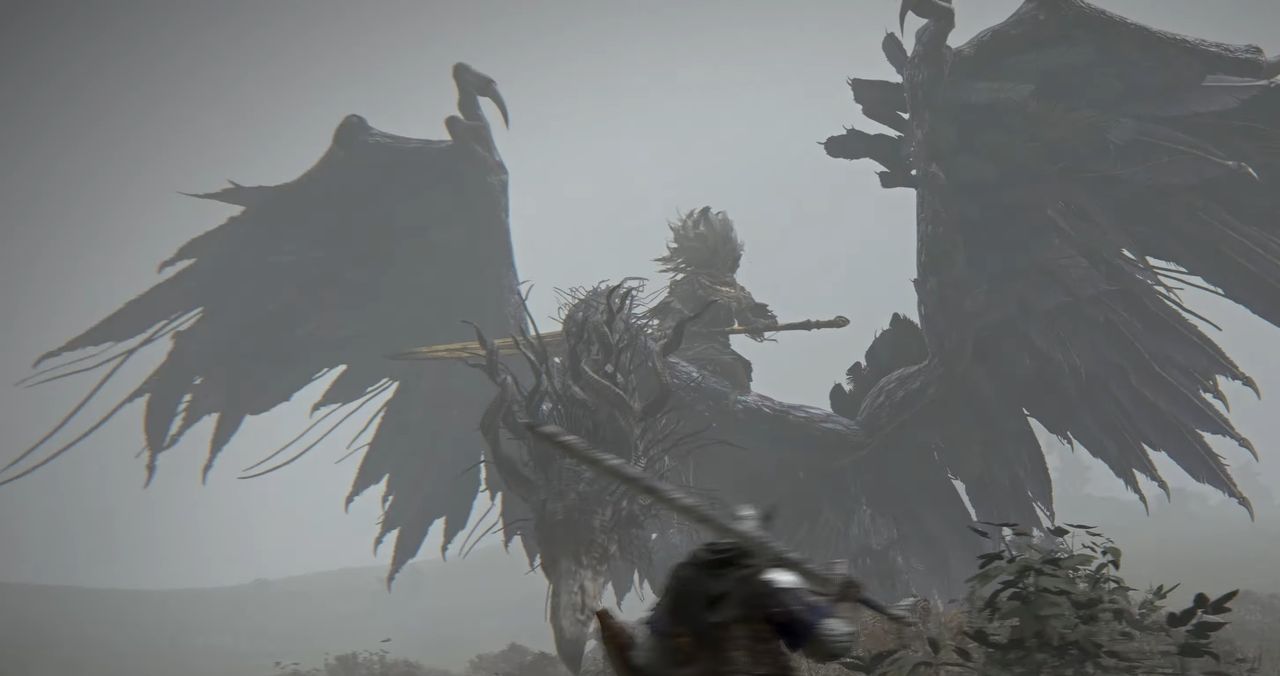 Zoomed in shot of dragon riding boss enemy from Elden Ring Nightreign's debut trailer, showing similarities to Elden Ring's Nameless King