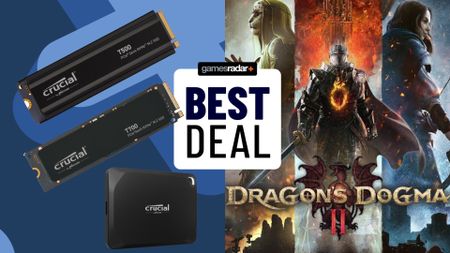 A split image of some Crucial SSDs next to a promotional image for Dragon's Dogma 2
