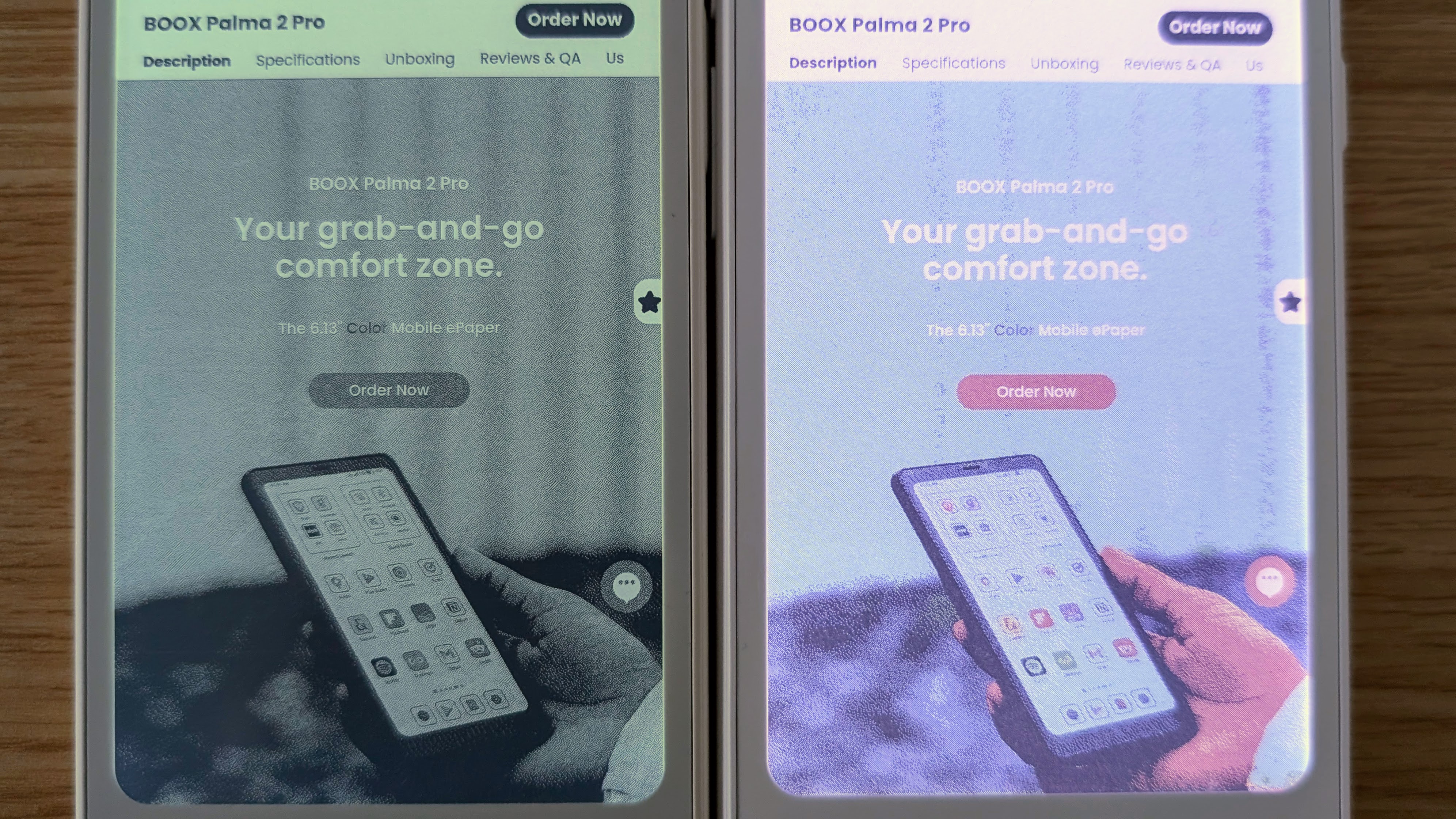 Boox Palma 2 vs Palma 2 Pro screen comparison when viewing Boox website