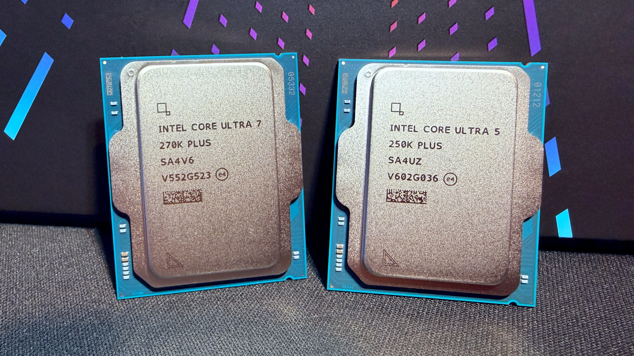 A photograph of Intel's Arrow Lake Refresh processors: Core Ultra 7 250K Plus and Core Ultra 5 250K Plus
