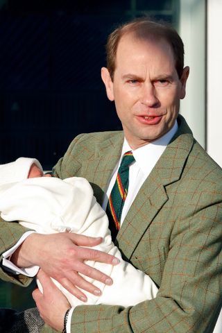 Prince Edward, Earl of Wessex leaves Frimley Park Hospital with his newborn baby son James, Viscount Severn