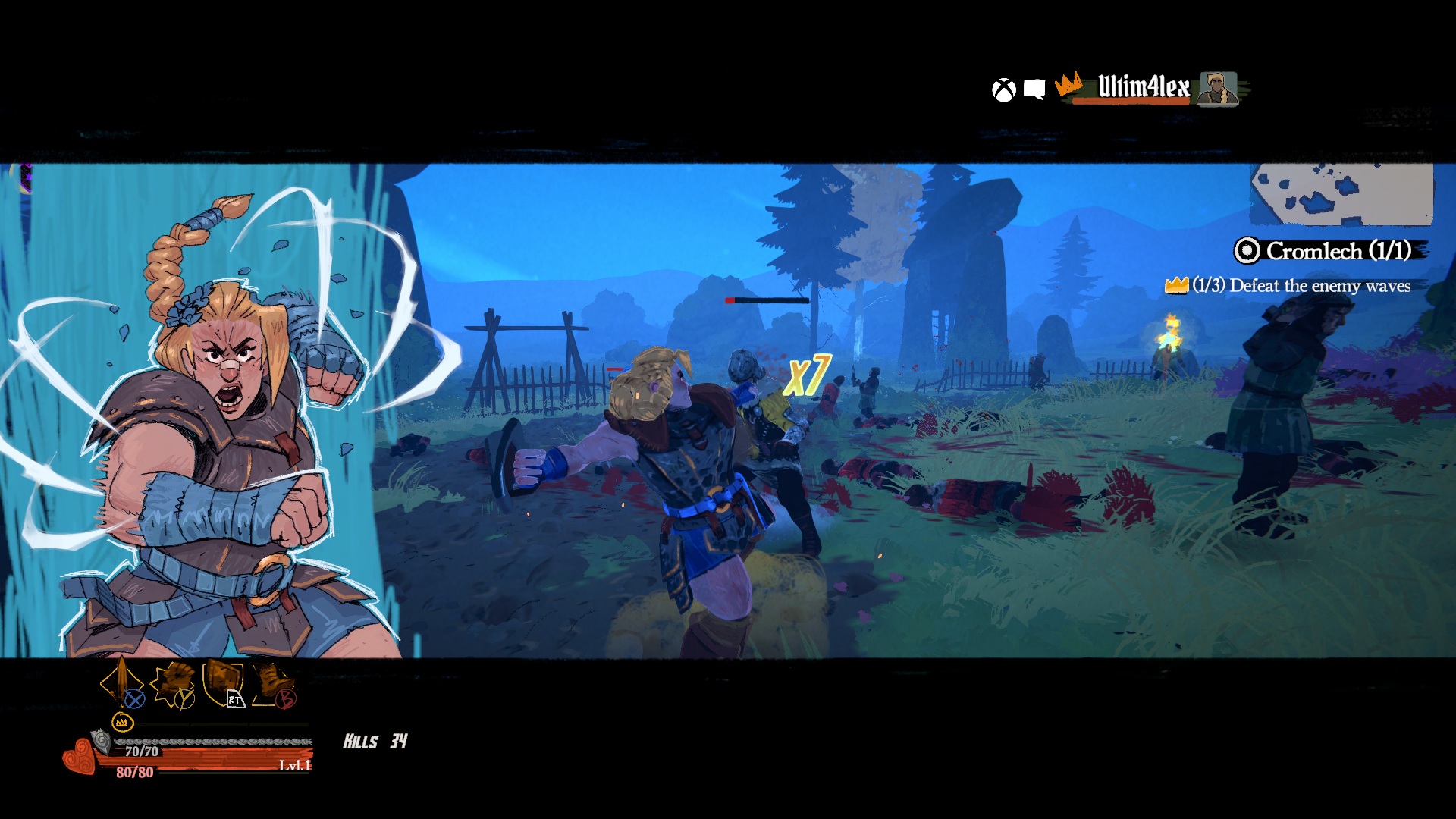 A muscular Scottish female warrior ready to strike at enemy soldiers using a cinematic super attack.