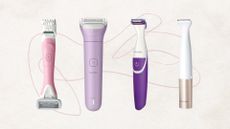 Four of the best bikini trimmers from (left to right) Wilkinson Sword, Philips and Panasonic, set against a beige background with a fine line illustration