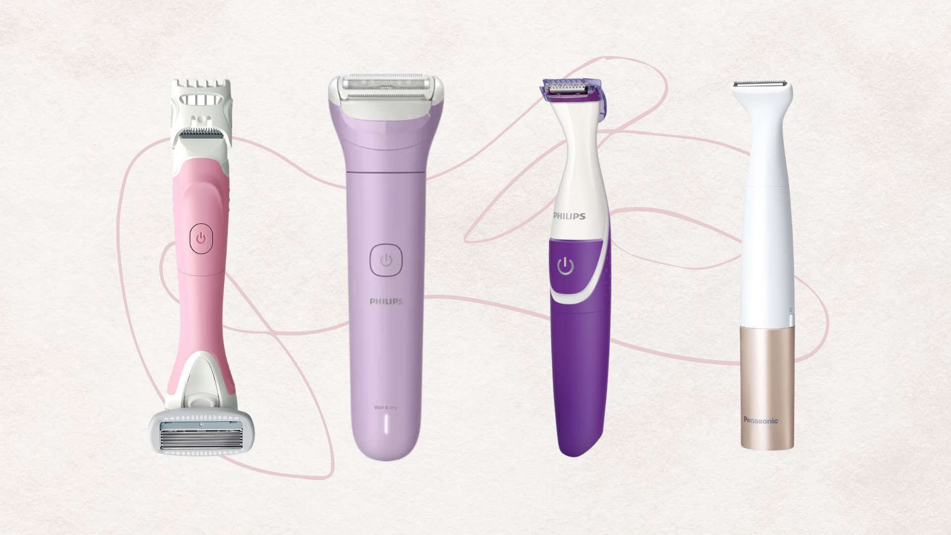 Four of the best bikini trimmers from (left to right) Wilkinson Sword, Philips and Panasonic, set against a beige background with a fine line illustration