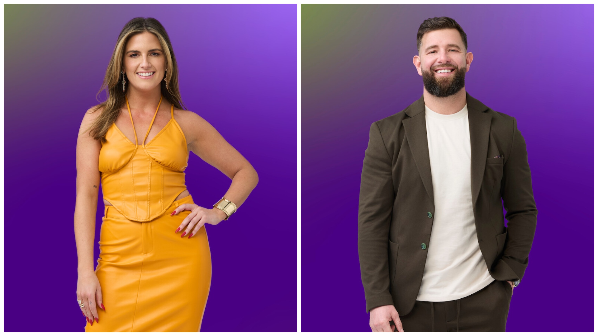 a split image of michaella wearing an orange leather dress and rob wearing a brown suit and white t-shirt in promotional shots for love is blind season 11