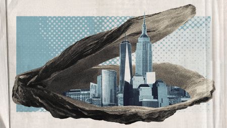 Photo collage of the New York skyline in a huge oyster