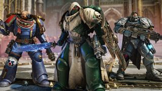 Screenshot from Warhammer 40,000 Space Marine 2 showing three Space Marines from the multiplayer mode