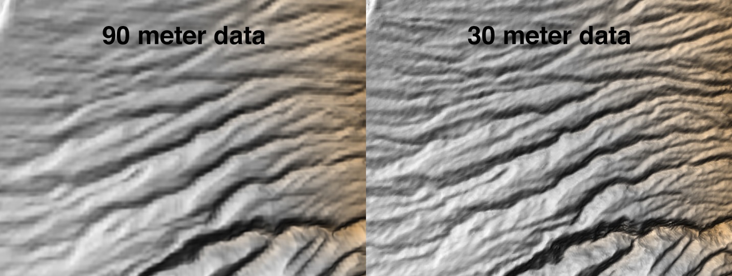 A comparison of 90-meter- vs. 30-meter-resolution images of eroded volcanic terrain in northeast Tanzania.