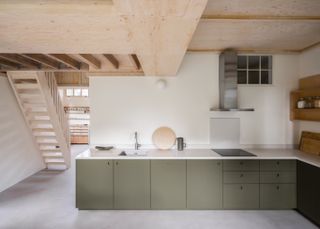 Green kitchen with wood ceiling by Naked Kitchens