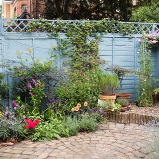 A garden with flower borders and potted plants