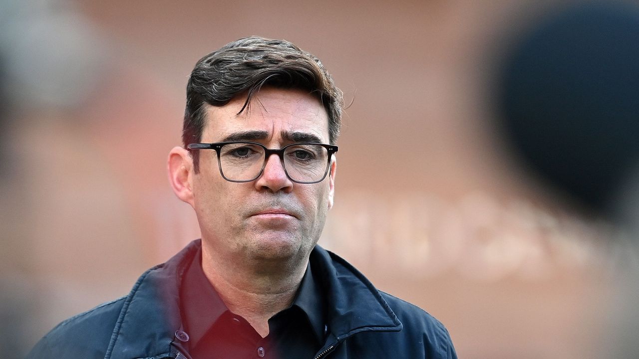 Andy Burnham speaks to the media during a press conference outside The Bridgewater Hall, Manchester