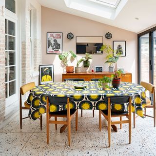 dining room with table and retro cloth