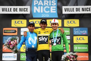 Winner Colombias Egan Bernal C celebrates his overall leader yellow jersey on the podium with second placed Colombias Nairo Quintana L and third placed Polands Michal Kwiatkowski wearing the best sprinters green jersey at the end of the 110km 8th and last stage of the 77th ParisNice cycling race stage between Nice and Nice on March 17 2019 Photo by AnneChristine POUJOULAT AFP Photo credit should read ANNECHRISTINE POUJOULATAFP via Getty Images