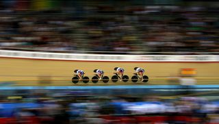 The Great Britain team compete in the Women's Team Pursuit during Day Three of the UCI Track Cycling World Championships