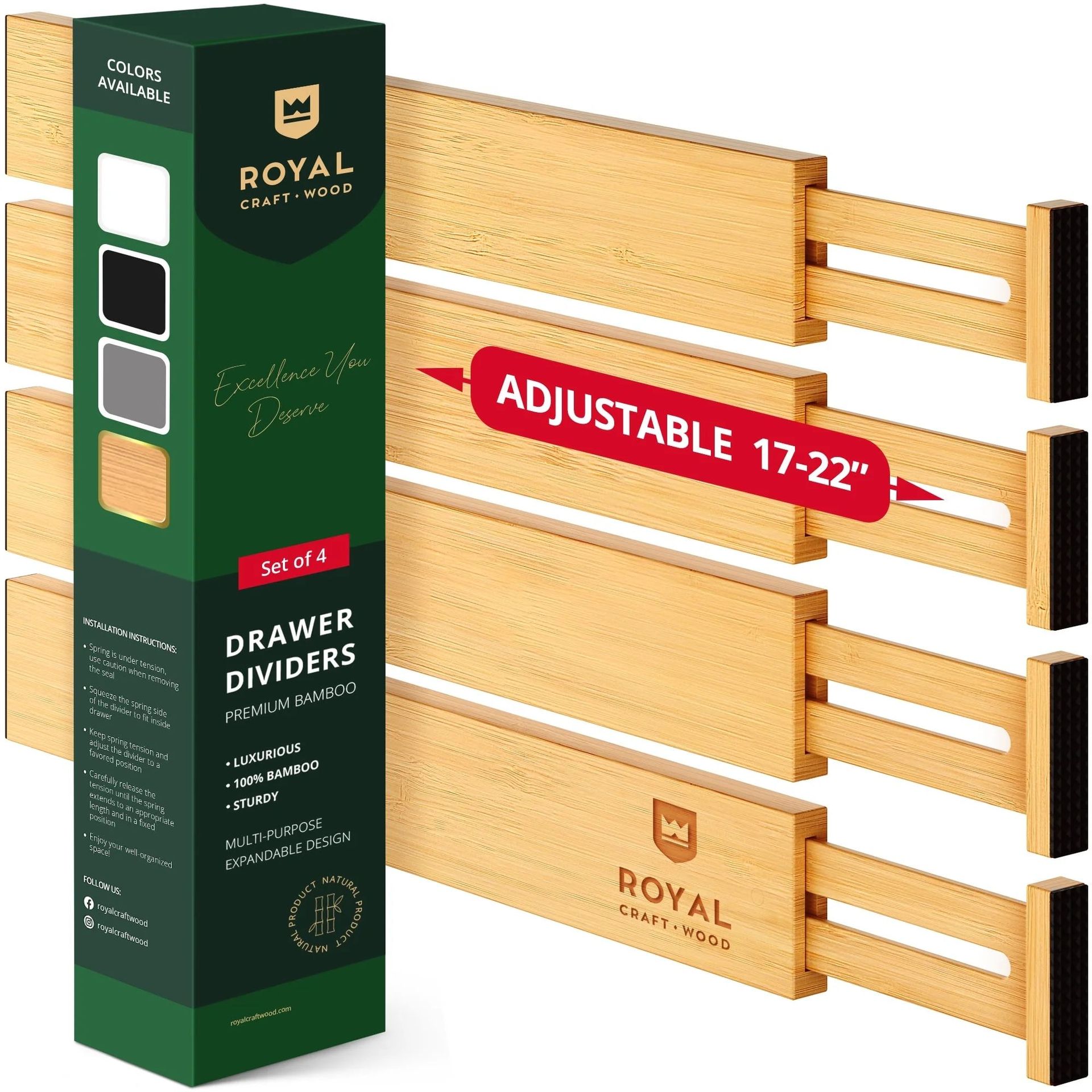 Four wooden drawer dividers with a green cardboard packaging box