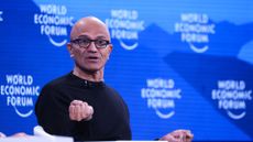 Microsoft CEO Satya Nadella pictured speaking during an interview with BlackRock CEO Larry Fink at the 2026 World Economic Forum (WEF) in Davos, Switzerland. 