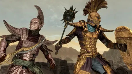 A screenshot of two warriors in full armor sets shows off Bethesda's official Ghosts of the Tribunal Skyrim mod