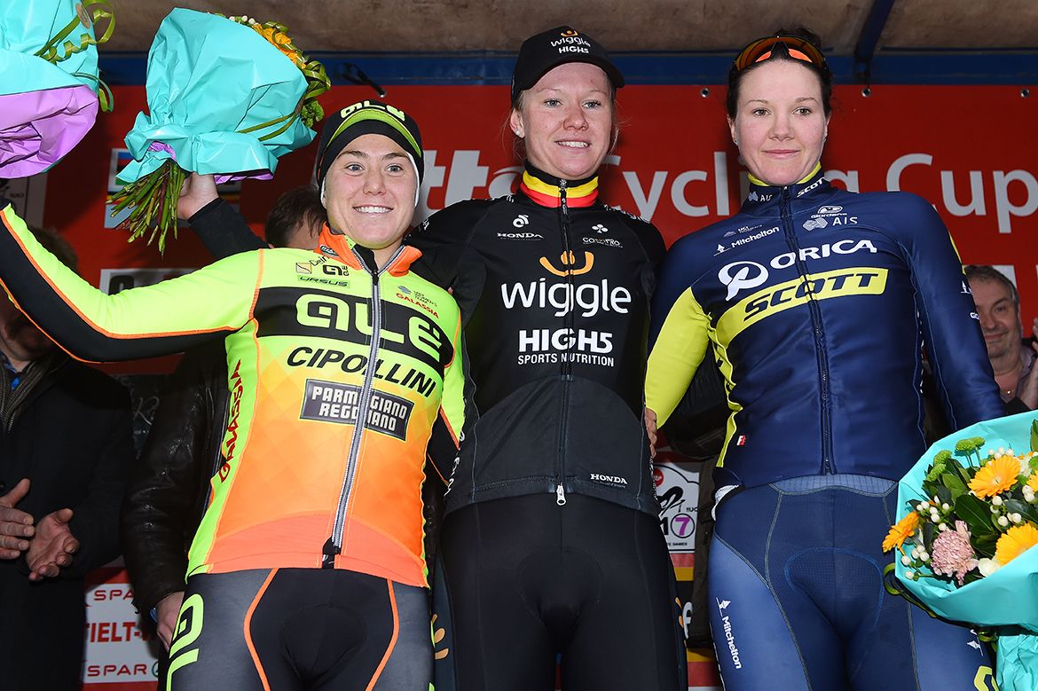 Winner Jolien D'Hoore, second-placed Chloe Hosking and third-placed Sarah Roy atop the Omloop van het Hageland podium.