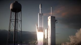 Artist’s illustration of a SpaceX Falcon Heavy rocket lifting off.
