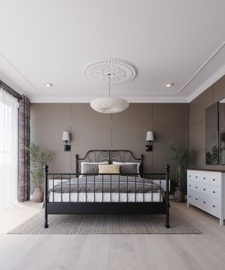 large bedroom with brown walls and white ceiling with ceiling rose