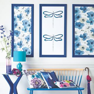 white hallway with blue wallpaper in panels