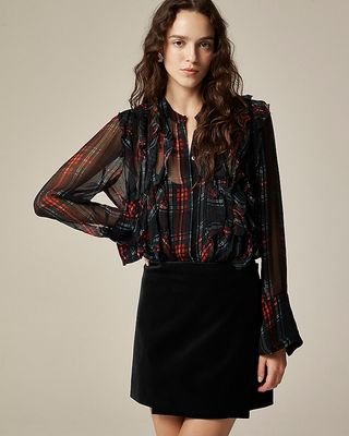 Ruffle-Front Top in Tartan Crinkle Cupro