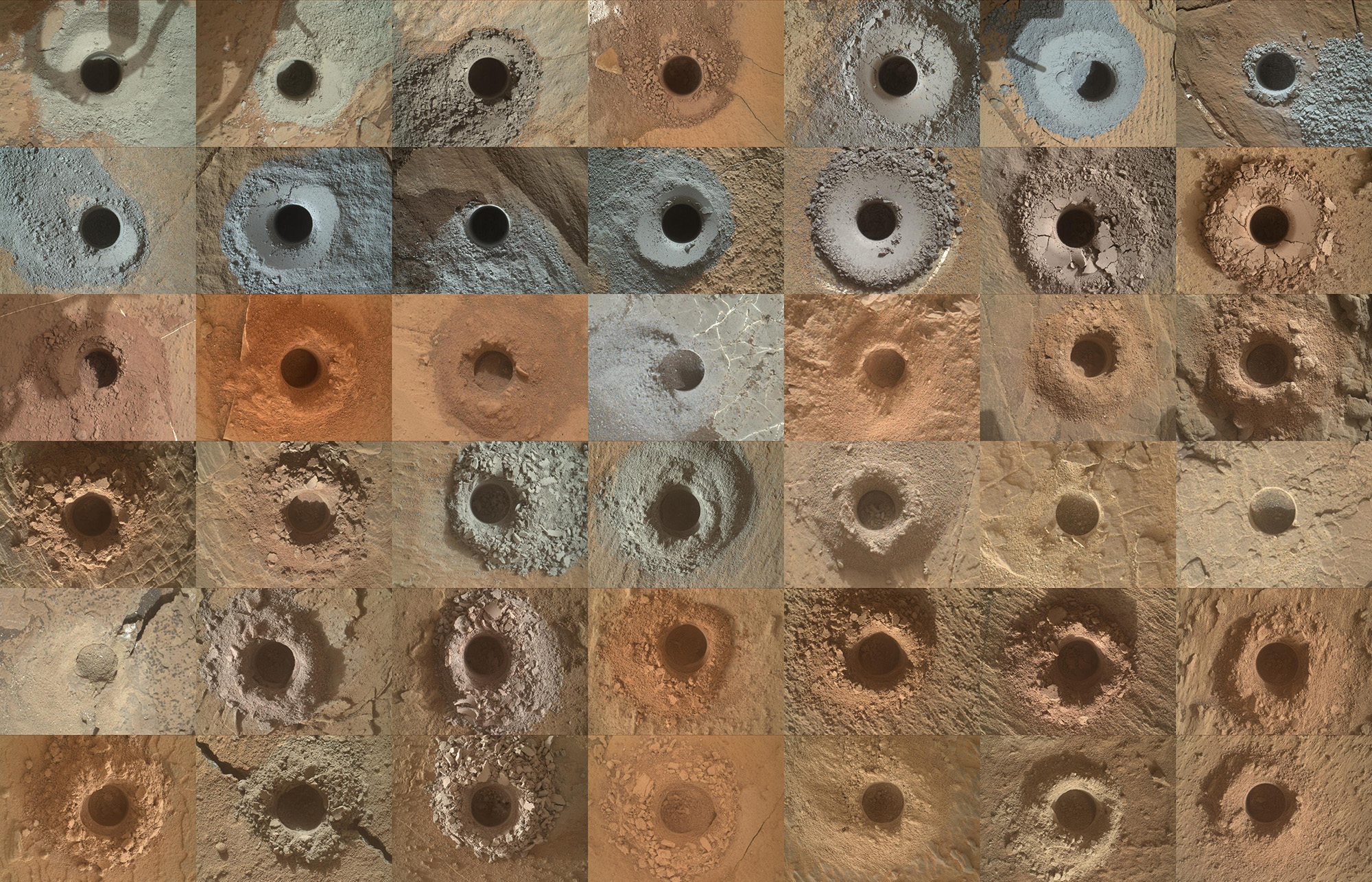 A series of square images with holes in dirt in them.